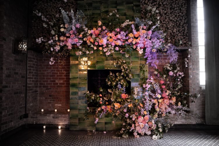 wedding floral design–colourful flower installation in an interior